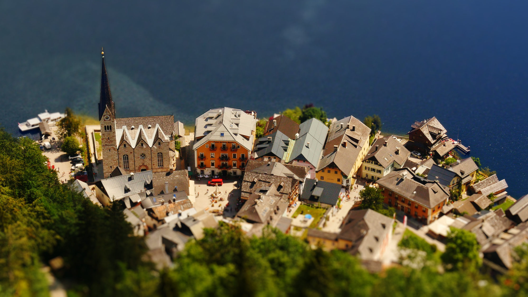Aerial view of Hallstatt, Austria. Screenshot from tilt shift time lapse video
